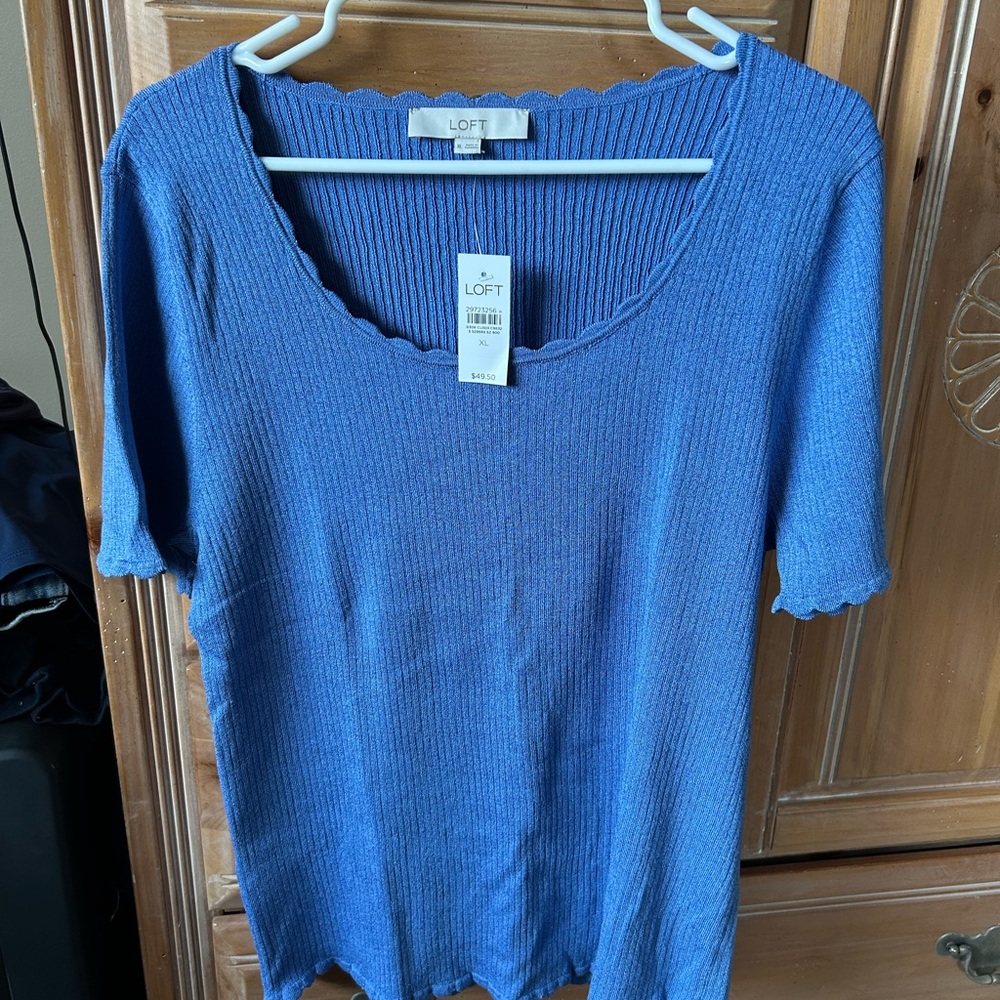 LOFT Blue Ribbed Short Sleeve T-Shirt